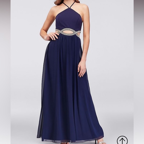 Pearl cutout Navy Blue Prom Dress- David’s Bridal - Picture 1 of 8